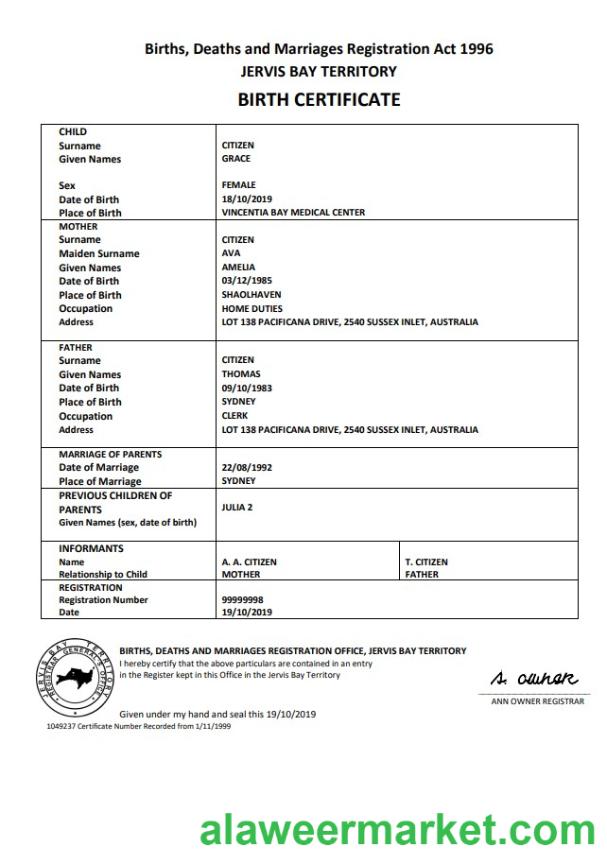 Australia Jervis Bay territory birth certificate template in Word and PDF format